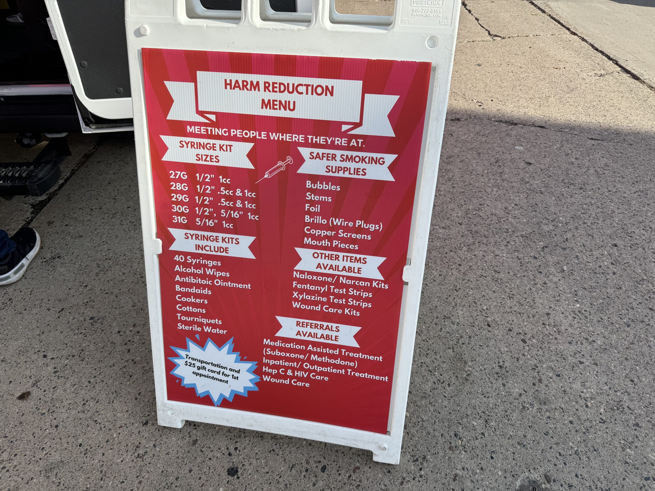 A menu of the offerings at the Aliveness Project van.