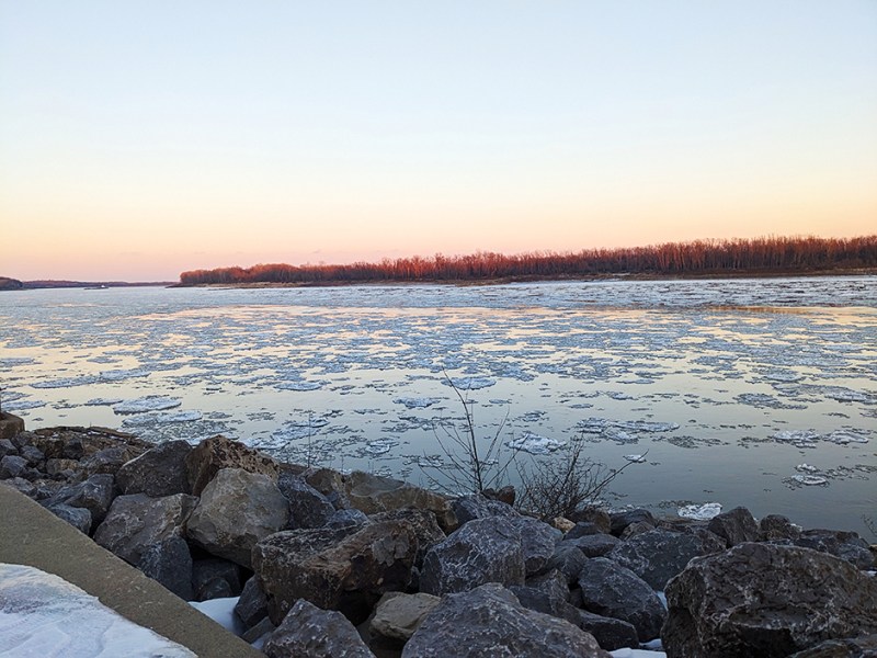 So-called "pancake ice" floats on the Mississippi River near Cape Girardeau, Missouri. Such ice formations are rare this far south, but a freeze and warm-up further north caused it to float downriver.