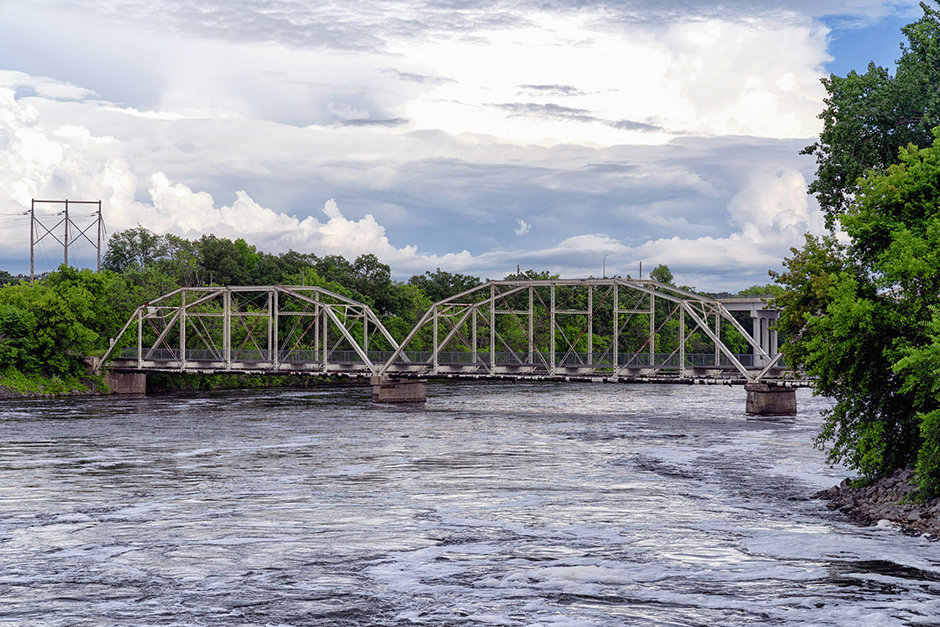 A railroad bridge over the Mississippi River in Sartell, Minnesota.