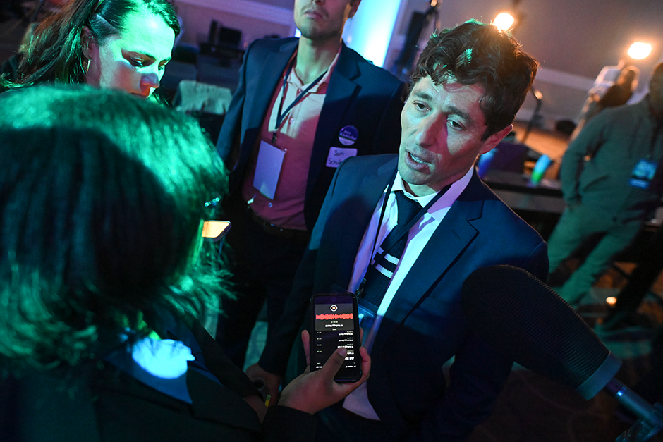Minneapolis Mayor Jacob Frey speaking to reporters at the 2024 DFL election night gathering.