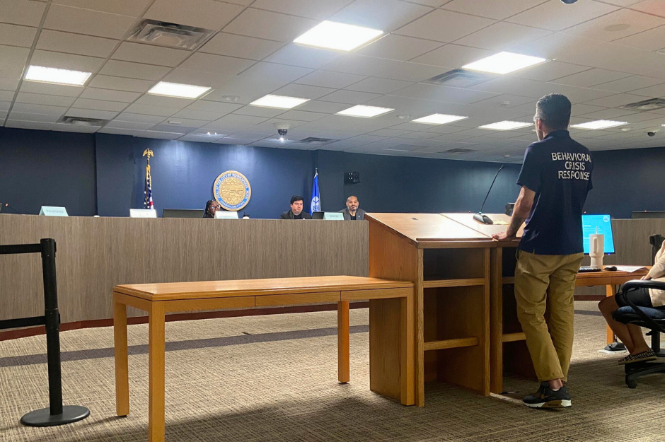 Dean Zoller, a responder with the Behavioral Crisis Response team, speaking at the Minneapolis City Council’s Public Health and Safety Committee Wednesday, July 24.