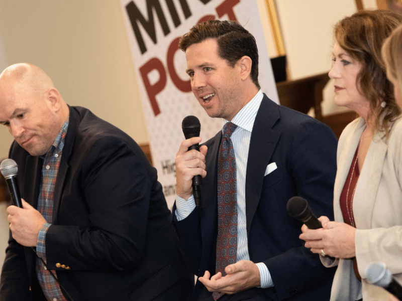 Michael Brodkorb and Becky Scherr record a live episode of The Break Down podcast with former state Senator Michelle Benson and Minnesota Jobs Coalition executive director John Rouleau at MinnPost Festival.