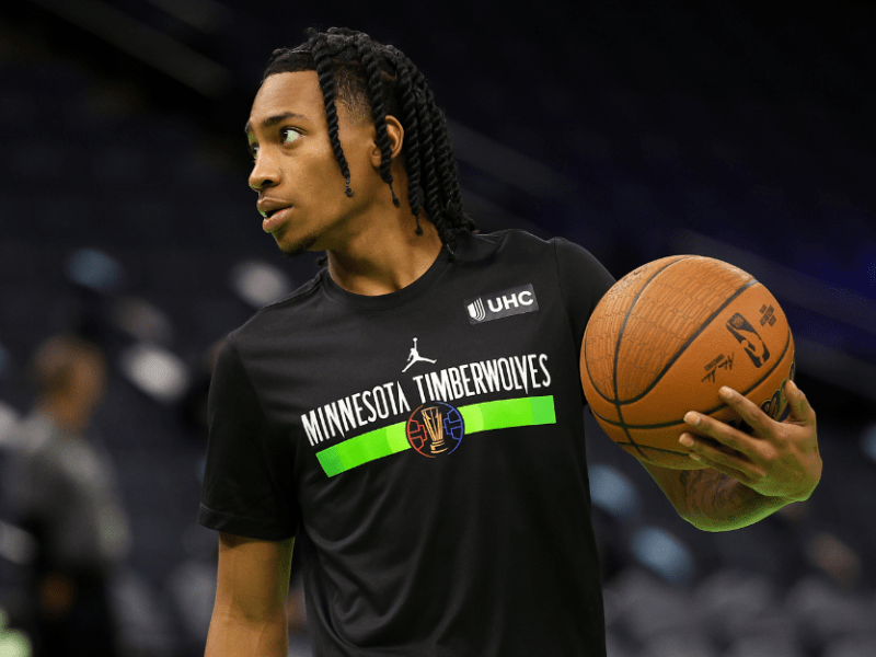 Nov 29, 2024; Minneapolis, Minnesota, USA; Minnesota Timberwolves guard Rob Dillingham (4) warms up before the game against the LA Clippers at Target Center