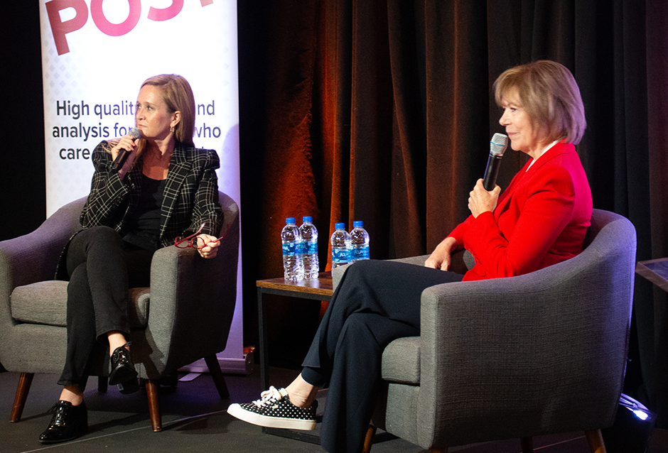 Emmy Award-winning comedian Samantha Bee interviewing Sen. Tina Smith during the 2023 MinnPost Festival.