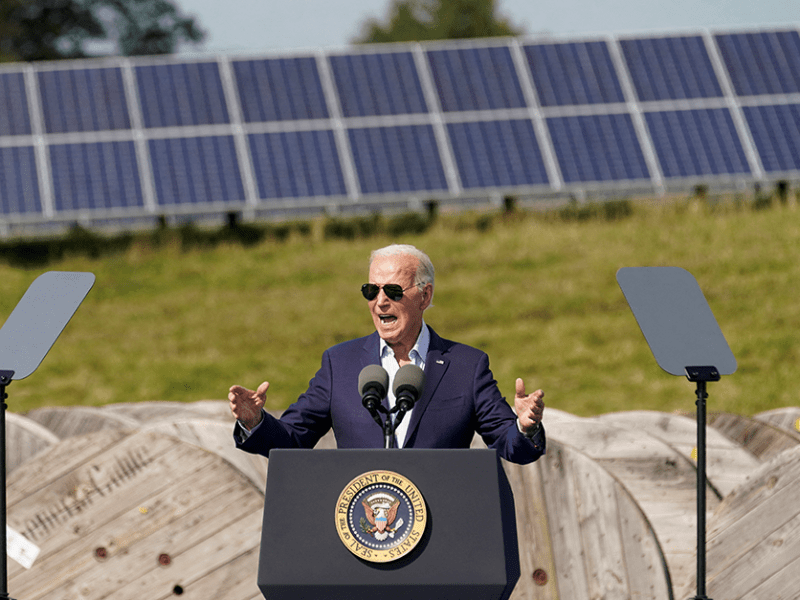 President Joe Biden speaking during a visit to Vernon Electric Cooperative in Westby, Wisconsin, in September. For Minnesota’s solar industry, the biggest concern is an early drawdown or outright repeal of the popular clean energy investment tax credit.