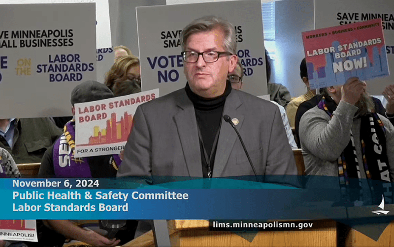Minneapolis City Clerk Casey Carl addresses council about its proposed Labor Standards Board resolution at a Wednesday, Nov. 6, Public Health and Safety Committee meeting.