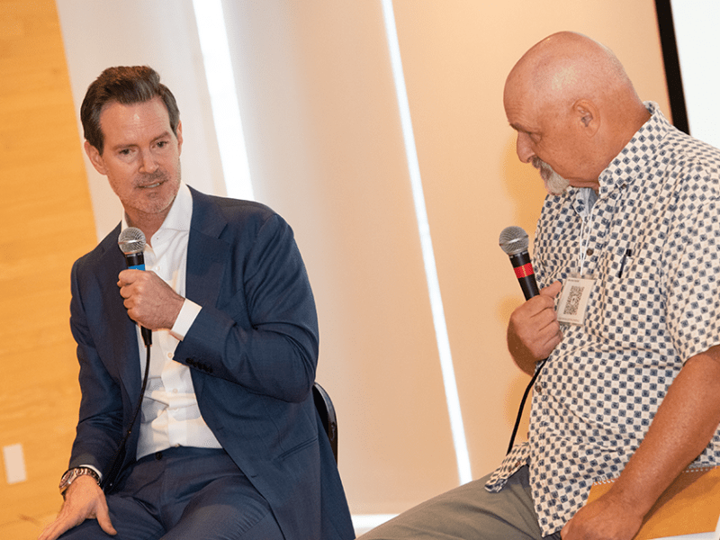 MinnPost’s Timberwolves reporter Britt Robson, right, interviewing Minnesota Timberwolves/Lynx CEO Ethan Casson during the 2024 MinnPost Festival.