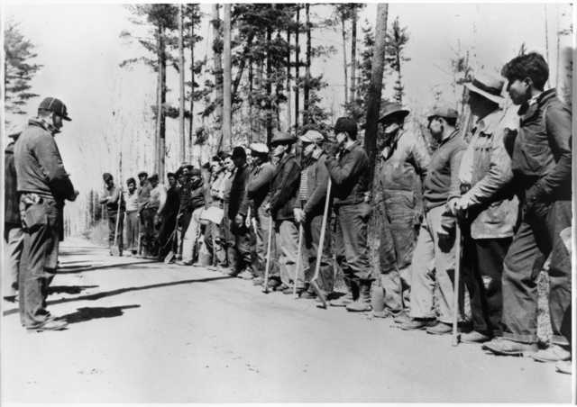 Civilian Conservation Corps-Indian Division workers from the Nett Lake Reservation, one of the reservations of the Bois Forte Band of Chippewa, in a July 30, 1941, photo.