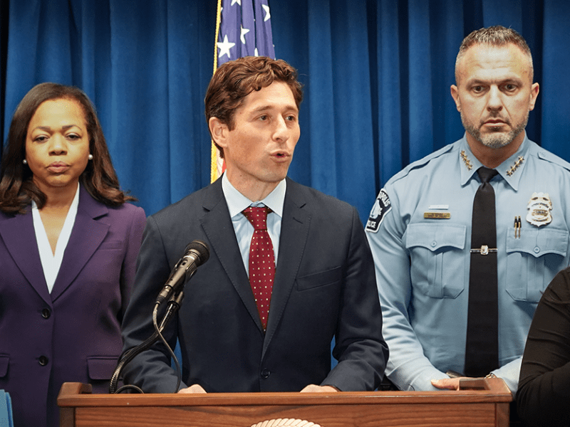 Assistant Attorney General Kristen Clarke, Minneapolis Mayor Jacob Frey and Police Chief Brian O’Hara shown during the press conference earlier this month announcing the consent decree agreement.
