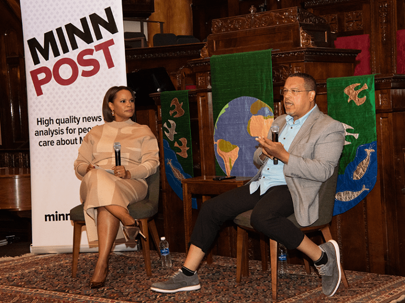 CNN legal analyst Laura Coates speaking with Attorney General Keith Ellison during the 2024 MinnPost Festival.