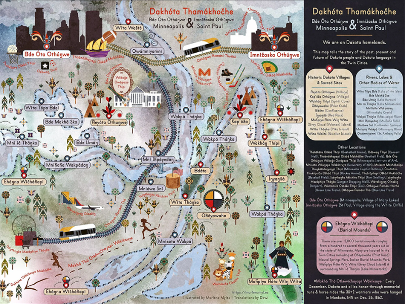 Map of Minneapolis (Village of Many Lakes) and St. Paul (Village along the White Cliffs) by Marlena Myles.