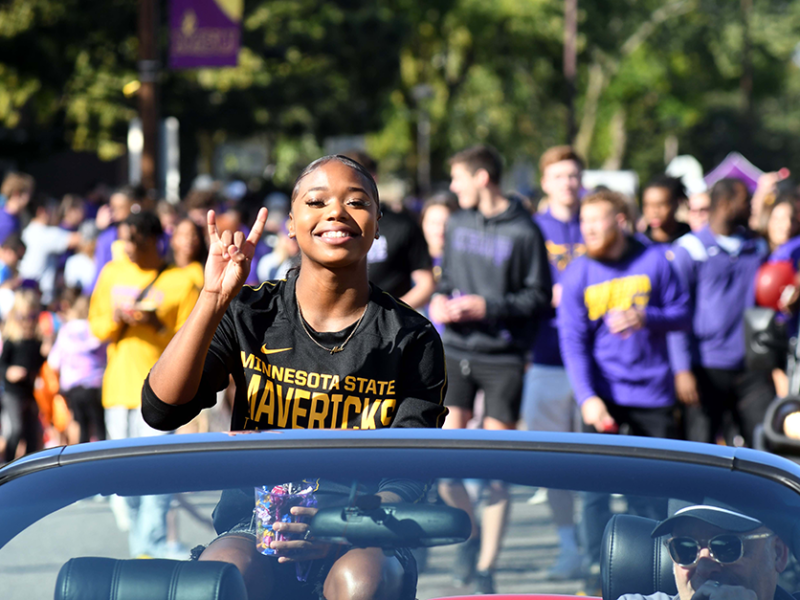 Denisha Cartwright, a national champion track and field athlete who was named the Honda Division II female athlete of the year for 2023-24, during the Minnesota State Mankato homecoming parade.
