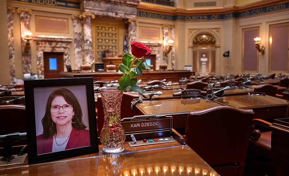 The desk of the late state Sen. Kari Dziedzic in the Minnesota Senate chambers.