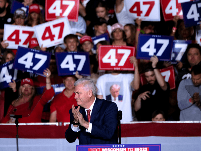 House Minority Leader Tom Emmer speaking during a Trump campaign stop in Green Bay, Wisconsin, on Oct. 30.