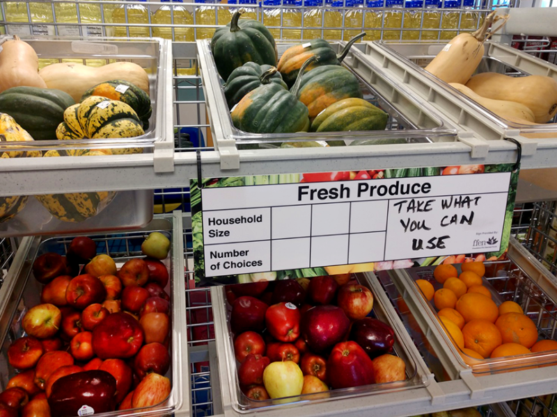Produce on display at a food shelf working with FFEN. FFEN recommends that at least half of all foods offered should be fresh ones, from produce to meat and dairy.