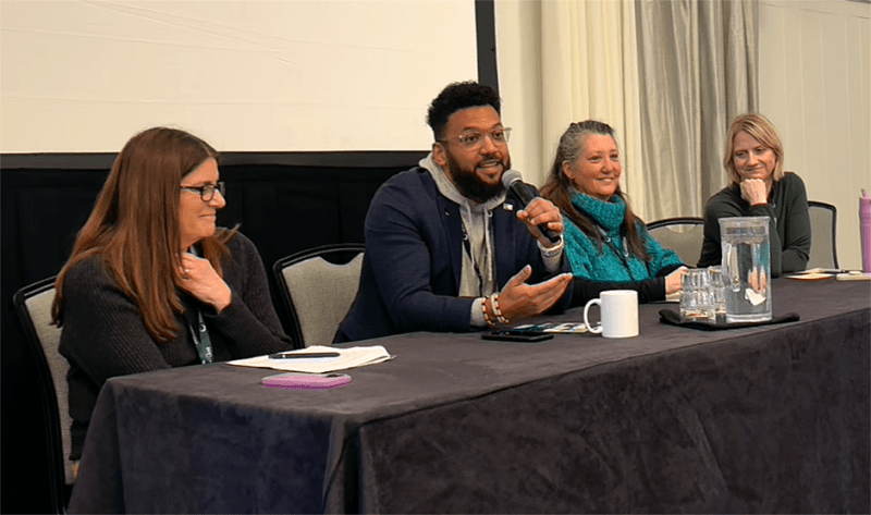 Make Hunger History summit panel, from left: Lisa Lane, Chief External Affairs Officer, Open Arms of Minnesota; Dr. Nathan Chomilo, medical director of Minnesota’s Medicaid and MinnesotaCares programs; Abby Gold, Health & Nutrition Extension Specialist, UMN Extension/School of Public Health; and Terese Hill, Supervisor of Community Advancement and Food System Strategy, Fairview Health Services.