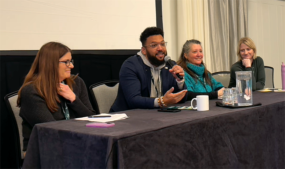 Make Hunger History summit panel, from left: Lisa Lane, Chief External Affairs Officer, Open Arms of Minnesota; Dr. Nathan Chomilo, medical director of Minnesota’s Medicaid and MinnesotaCares programs; Abby Gold, Health & Nutrition Extension Specialist, UMN Extension/School of Public Health; and Terese Hill, Supervisor of Community Advancement and Food System Strategy, Fairview Health Services.