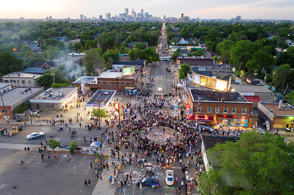 A group of demonstrators gathered at George Floyd Square on June 1, 2020, in an image taken with a drone.