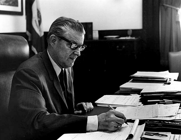 Harold LeVander at his desk, circa 1970.