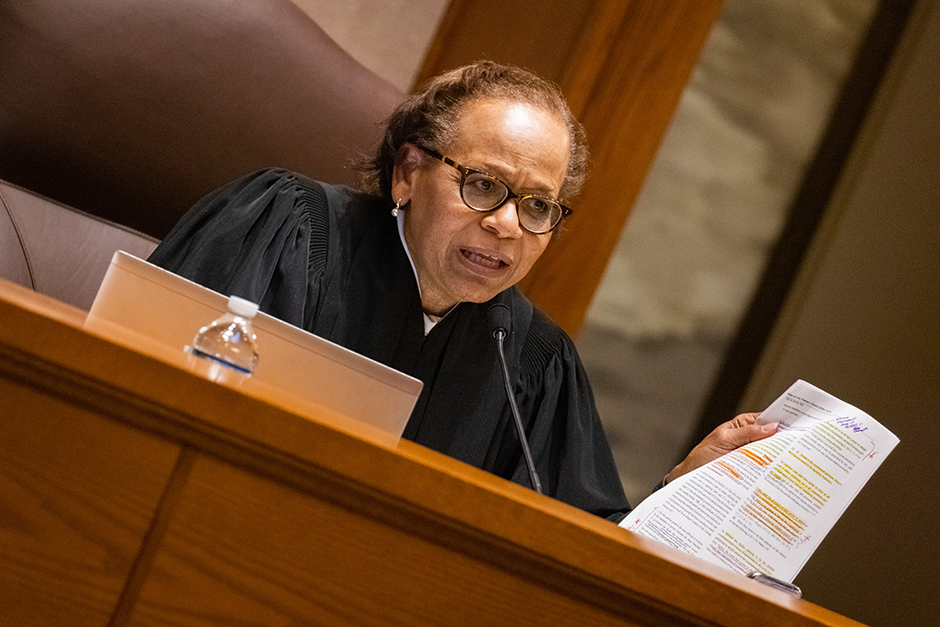Minnesota Supreme Court Chief Justice Natalie E. Hudson questioning attorney Nicholas Nelson during oral arguments on Thursday.