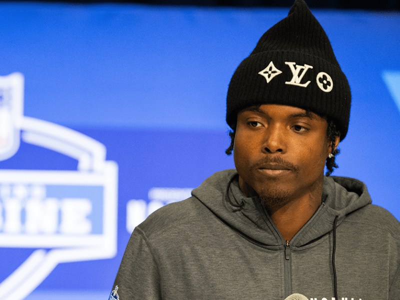Khyree Jackson talking to the media during the 2024 NFL Combine at Lucas Oil Stadium last February.