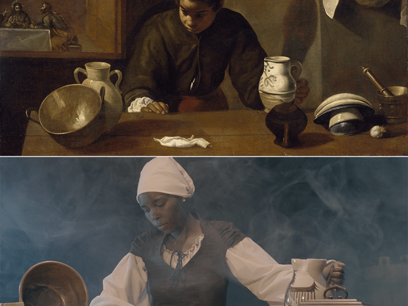 Top: “The Kitchen Maid” by Diego Velázquez; bottom: “The Kitchen Maid” by Fred Kudjo Kuwornu