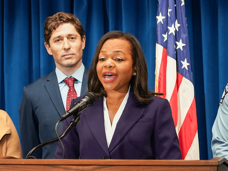 Assistant Attorney General Kristen Clarke spoke at a press conference on Monday in Minneapolis to announce the agreement. Behind her is Minneapolis Mayor Jacob Frey.