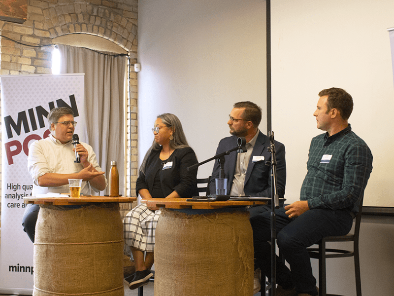 Cityscape columnist Bill Lindeke moderated a recent MinnPost Social which included, from left: St. Louis Park City Council member Lynette Dumalag, President and CEO of the Minneapolis Downtown Council Adam Duininck, and Union Park Management owner Joe Hughes.
