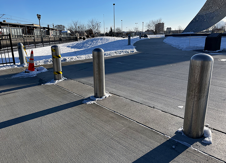 Bollards near the loon statue at the corner of Snelling and University Avenues in St. Paul.