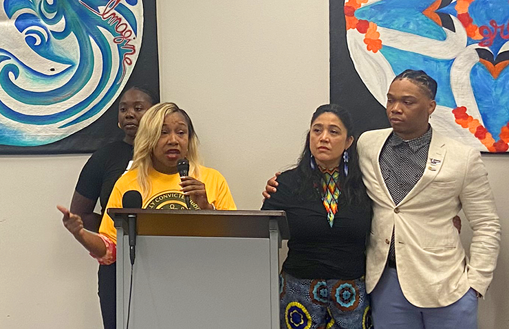 Speakers at Thursday morning’s press conference included, from left: Aihomon Ebojie, Minneapolis NAACP secretary; Minnesota Wrongfully Convicted Judicial Reform executive director Marvina Haynes; Minneapolis School Board member Adriana Cerrillo; and Black Community Board Minnesota founder Hassan As-Sidiq.