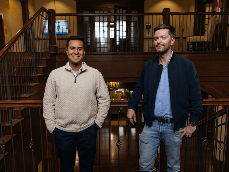Christopher Molina, a senior at the University of Arkansas and Marc Mund, his mentor with Latinx On the Rise, on the campus in Fayetteville, Arkansas.