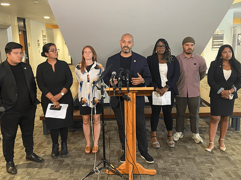 Minneapolis city council members at Thursday’s press conference, from left: Jason Chavez, Aisha Chughtai, Katie Cashman, Elliott Payne, Robin Wonsley, Jeremiah Ellison and Aurin Chowdhury.