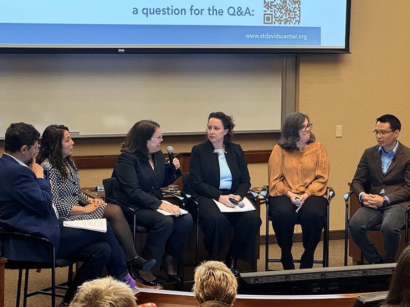 From left: moderator Tom Weber; Dr. Gigi Chawla; Cindy Hillyer, MPA; Cisa Keller; Jane Perry, MSW, LICSW; and Tim Zeng, PhD.