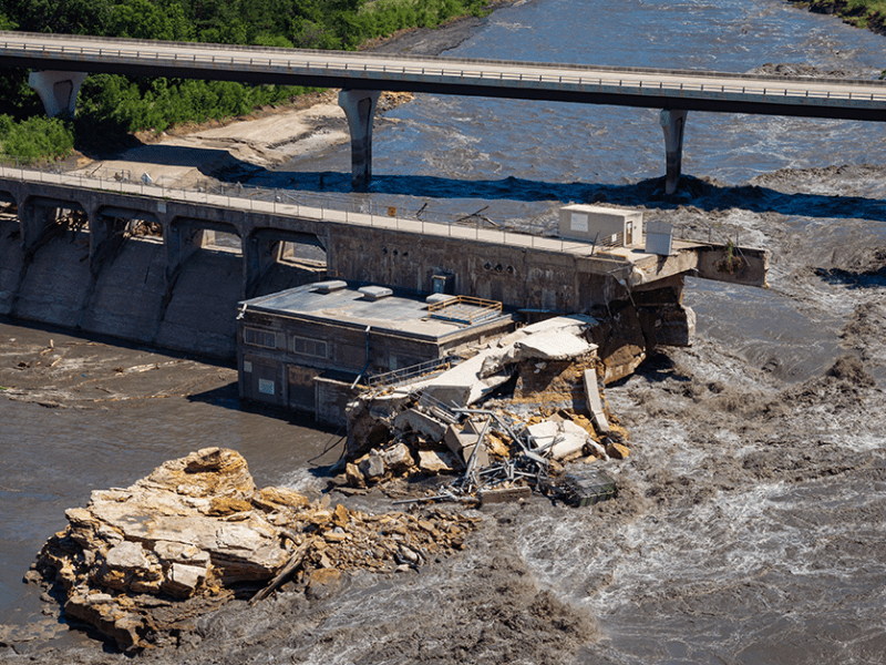 The bank of the Blue Earth River is seen after its collapse due to torrential rains, next to the Rapidan Dam southwest of Mankato, Minnesota, in a June 26 photograph.
