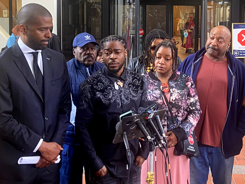 Rashad Cobb, Ricky’s twin brother, center, speaking during Wednesday’s new conference.