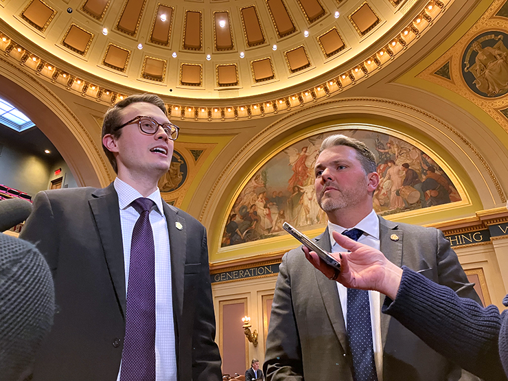 State Sen. Jordan Rasmusson, left, said it was both the alleged crime and the use of her Senate privilege that led him to move to expel her Monday. At right is Senate Minority Leader Mark Johnson.