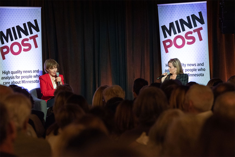 Sen. Tina Smith and Samantha Bee speaking during MinnPost Festival’s keynote address.