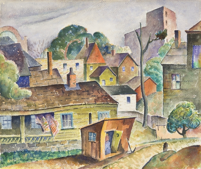 “The Other Side of the Tracks (Swede Hollow)” by Bob Brown, ca. 1940. Watercolor on paper.