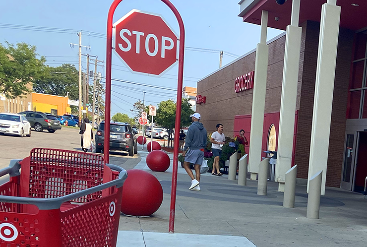 The red spherical bollards in front of the Target at Hamline and University Avenues in St. Paul’s Midway area.
