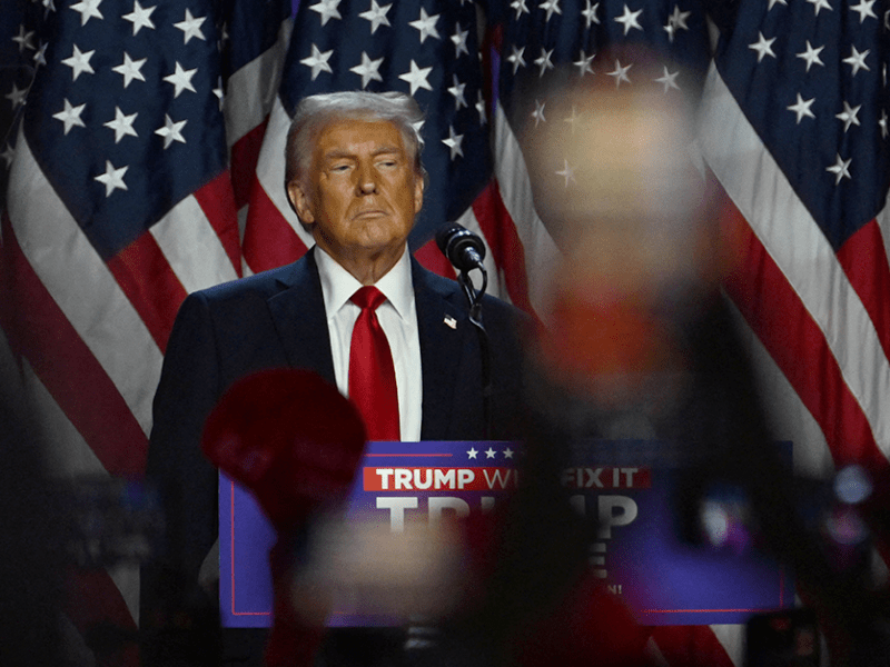 Former President Donald Trump speaking to supporters at the Palm Beach County Convention Center, in West Palm Beach, Florida, during the early morning hours of November 6.