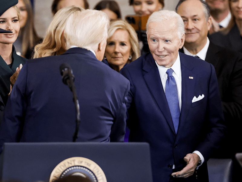 Former President Joe Biden, right, congratulating President Donald Trump after the swearing-in ceremony in the Capitol Rotunda on Monday.