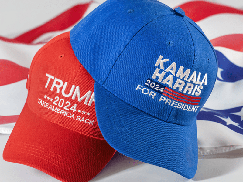 Campaign hats for Trump, Harris
