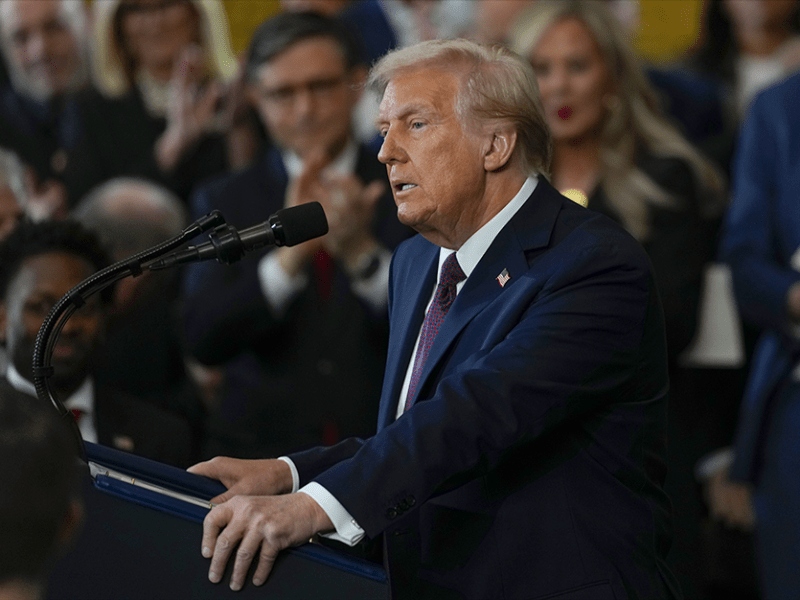 President Donald Trump giving his inaugural address during the 60th Presidential Inauguration in the Rotunda of the U.S. Capitol in Washington on Monday.