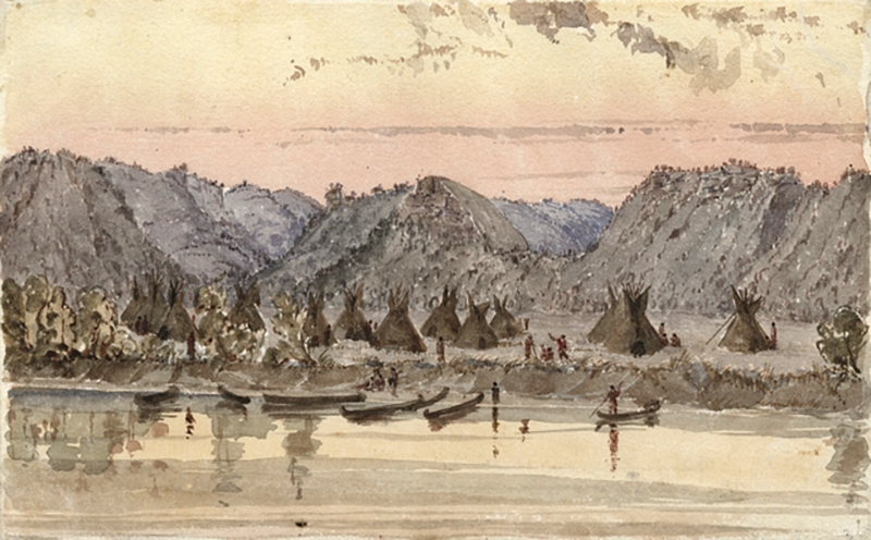 Watercolor on paper depicting Wabasha’s village of Mdewakanton Dakota on the Mississippi River, 650 miles above St. Louis.