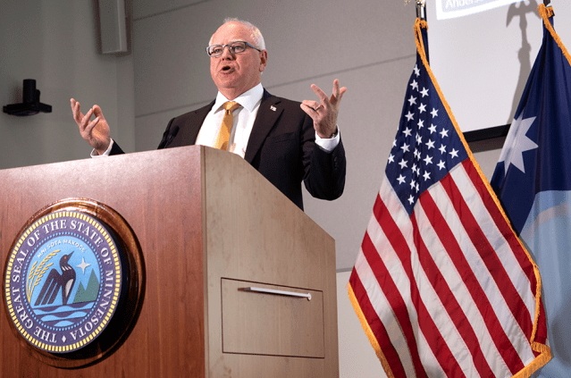 Gov. Tim Walz on Thursday proposed a budget outline for the next two years that includes moves to cap the growth in some of the state’s fastest growing areas and to offer what he termed the first sales tax cut in history.