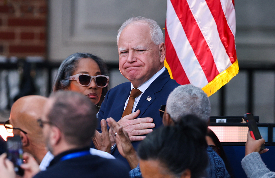 Gov. Tim Walz shown during Vice President Kamala Harris’ remarks at Howard University on Wednesday.