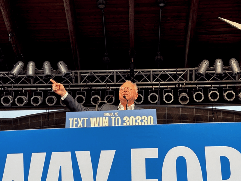Gov. Tim Walz speaking to a crowd of supporters in Papillion, Nebraska, on October 19.