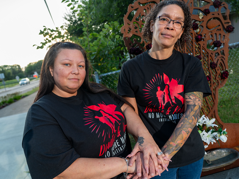 Katie Wright, left, Daunte’s mom, and Amity Dimock, Kobe Dimock-Heisler’s mom, pose for a photo at Daute Wright’s memorial on September 5 in Brooklyn Park.