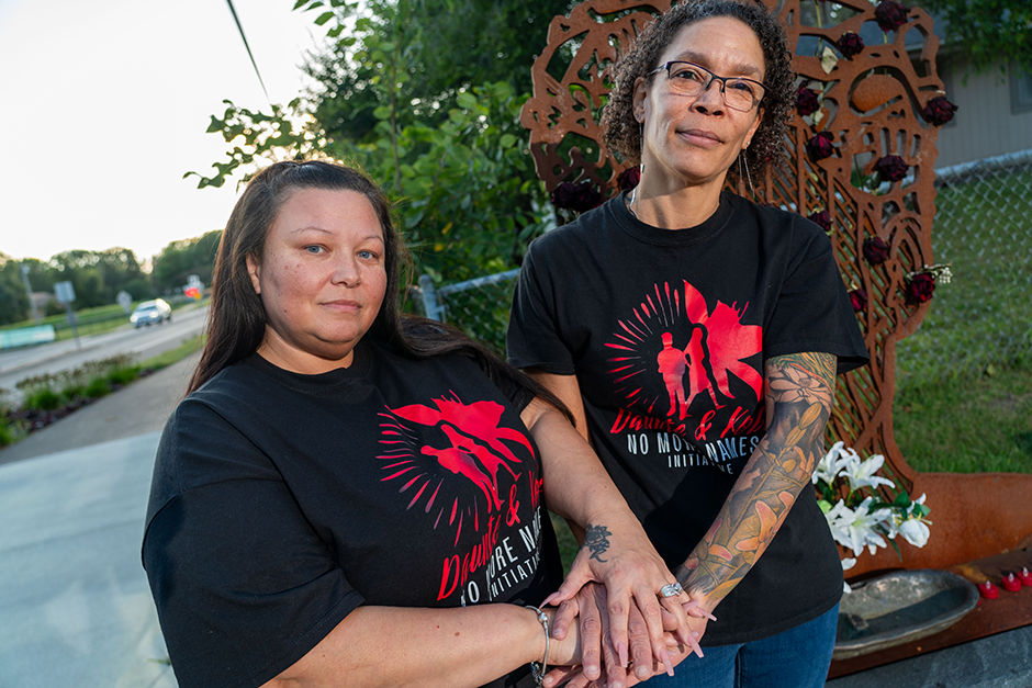 Katie Wright, left, Daunte’s mom, and Amity Dimock, Kobe Dimock-Heisler’s mom, pose for a photo at Daute Wright’s memorial on September 5 in Brooklyn Park.